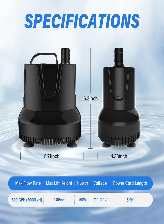 YSSOA 800GPH Submersible Water Pump (3000L/H, 60W) with Bottom Suction, 9.8ft High Lift, 3 Nozzles - Ideal for Fish Tank, Pond, Aquarium, Hydroponics - Image 2